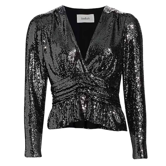 ba&sh Mae Long Sleeve Sequin Shimmer V Neck Crop Peplum Top Size US 2 - Picture 1 of 11